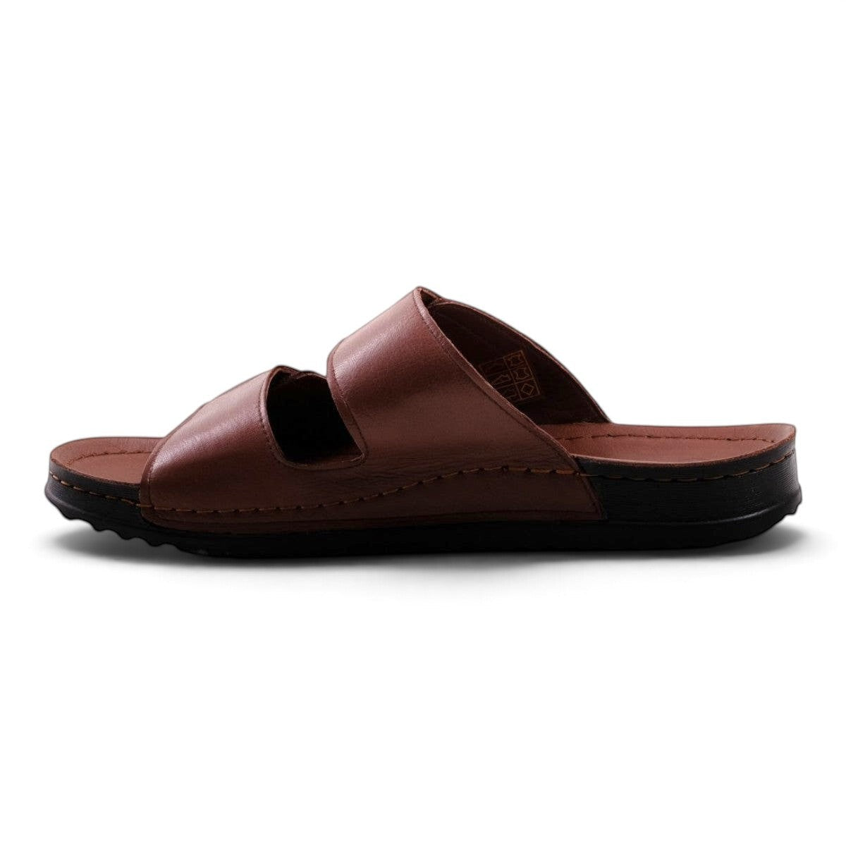 Step Ahead Pesso Sleigh men's brown leather slide sandals with a comfortable contoured footbed and side view.
