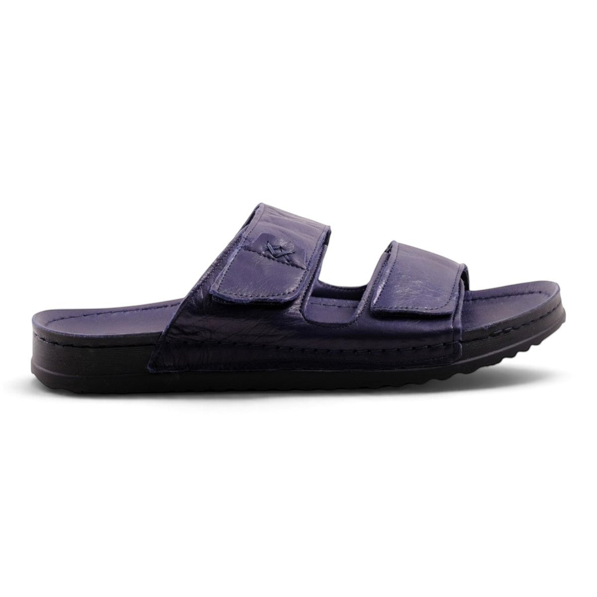 Step Ahead Pesso Sleigh men's navy leather slide sandals with adjustable double straps and a comfortable footbed.