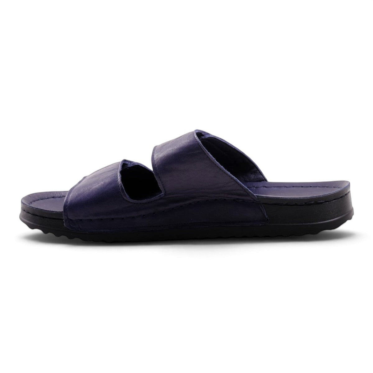 Step Ahead Pesso Sleigh men's navy blue leather slide sandals with a double strap design and comfortable sole.