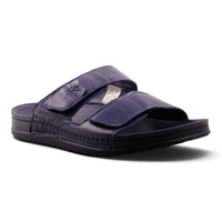Step Ahead Pesso Sleigh men's navy blue leather slide sandals with adjustable velcro straps and a cushioned sole.