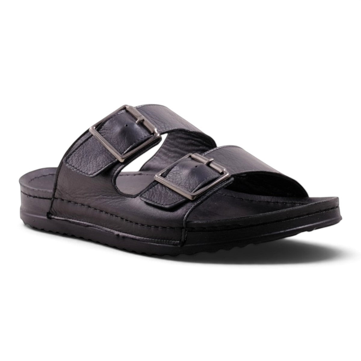 Step Ahead Pesso Slide men's all-black leather sandals featuring two adjustable buckle straps and a contoured sole.