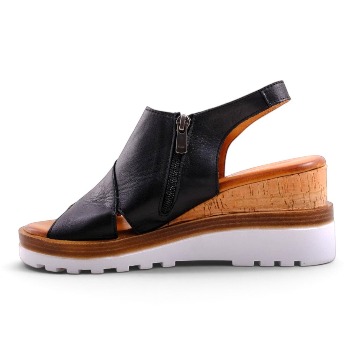 Step Ahead Pesso Well black leather wedge sandals with side zipper and cork-textured platform sole