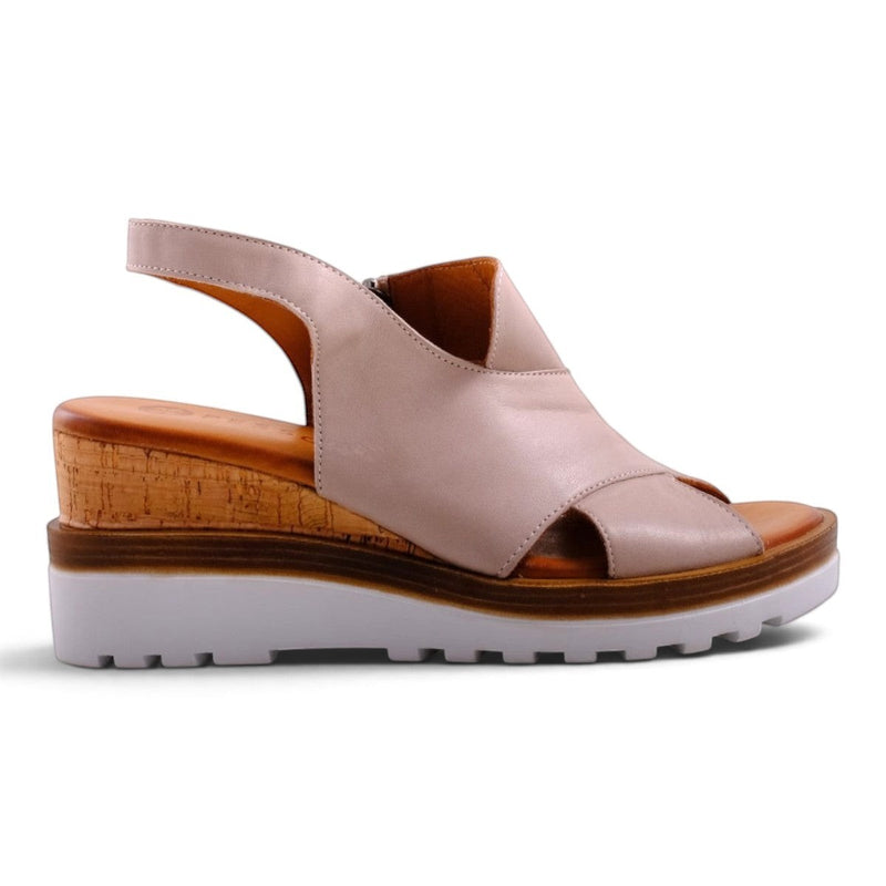 Step Ahead Pesso Well silver grey leather wedge sandal with a cork-effect midsole and white lugged rubber sole