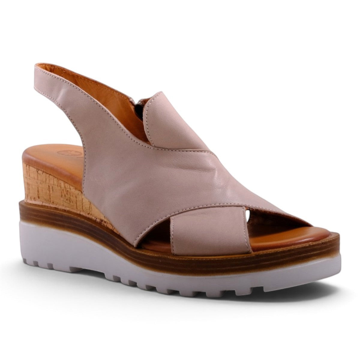 Step Ahead Pesso Well silver grey leather wedge sandals with a cork-effect midsole and a chunky white lugged sole.
